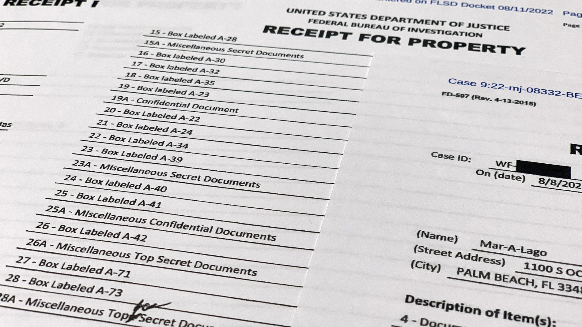 Lista de la documentación incautada pro el FBI en el registro de la residencia del ex presidente Donald Trump