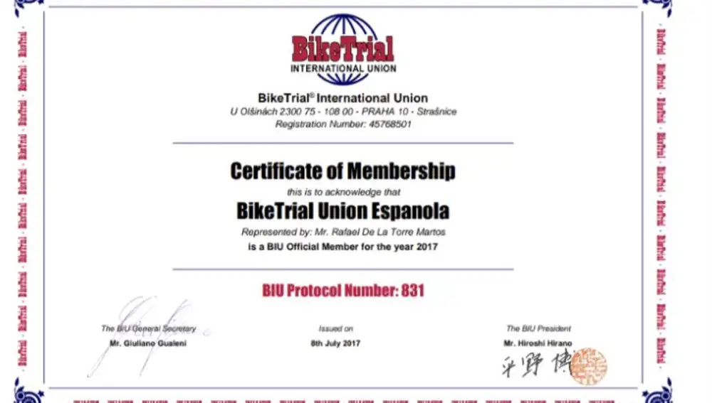 Certificado de miembro de la organización que representa a España