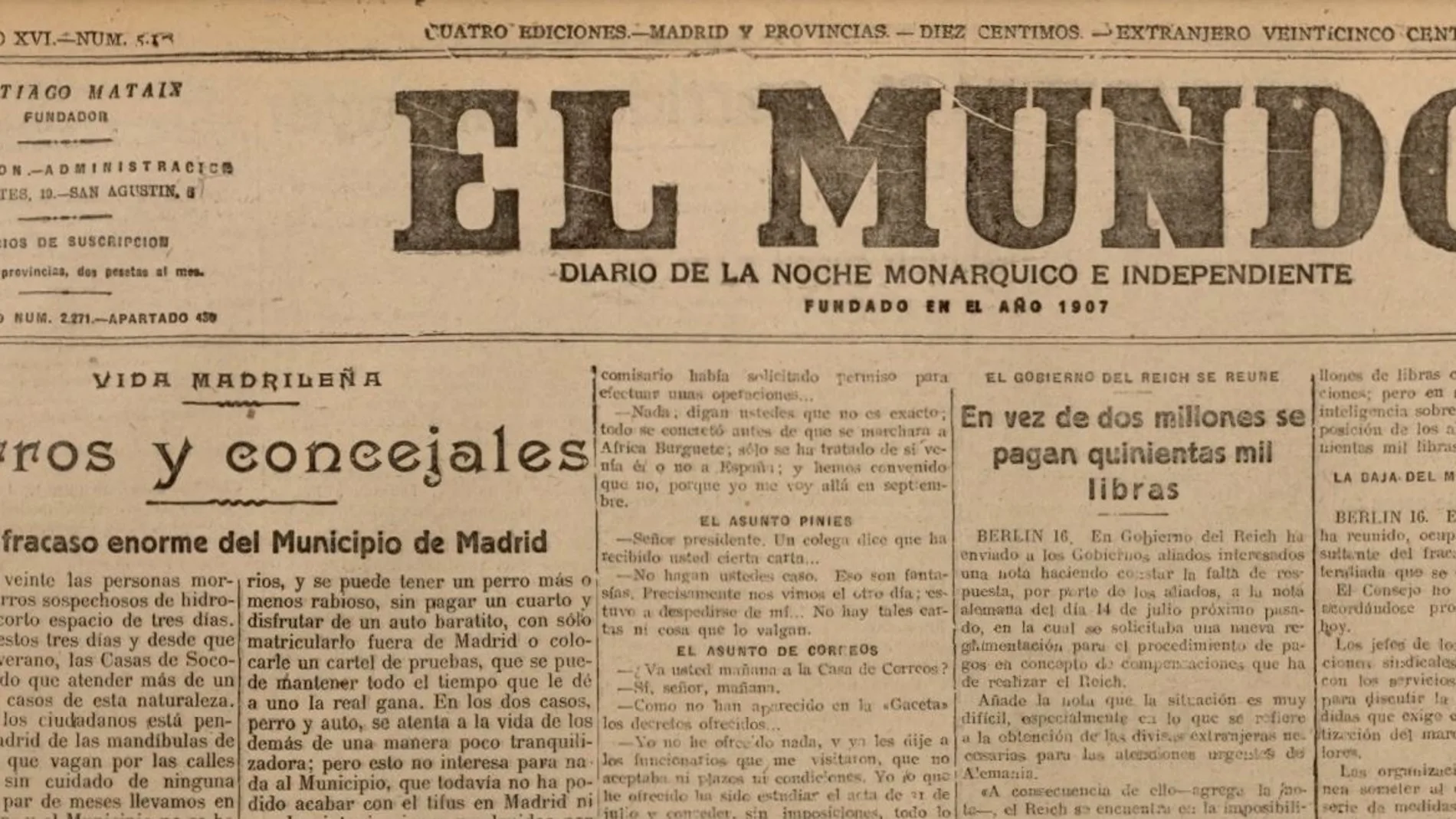 Portada del diario El Mundo en su edición del 16 de agosto de 1922