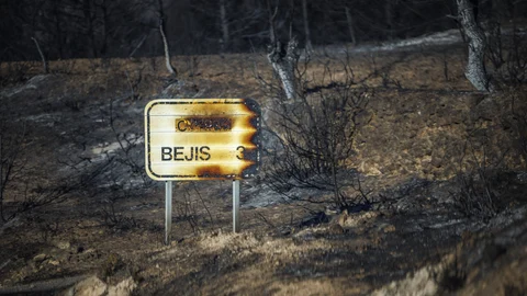 BEJÍS (CASTELLÓN), 20/08/2022.- Carretera que une las localidades castellonenses de El Toro y Torás, con los alrededores calcinados debido al incendio forestal que se declaró en el término municipal de Bejís, en el interior de la provincia de Castellón, que ha evolucionado favorablemente a lo largo de la noche y a primeras horas de la mañana no presenta llamas en la mayor parte del perímetro. EFE/Biel Aliño