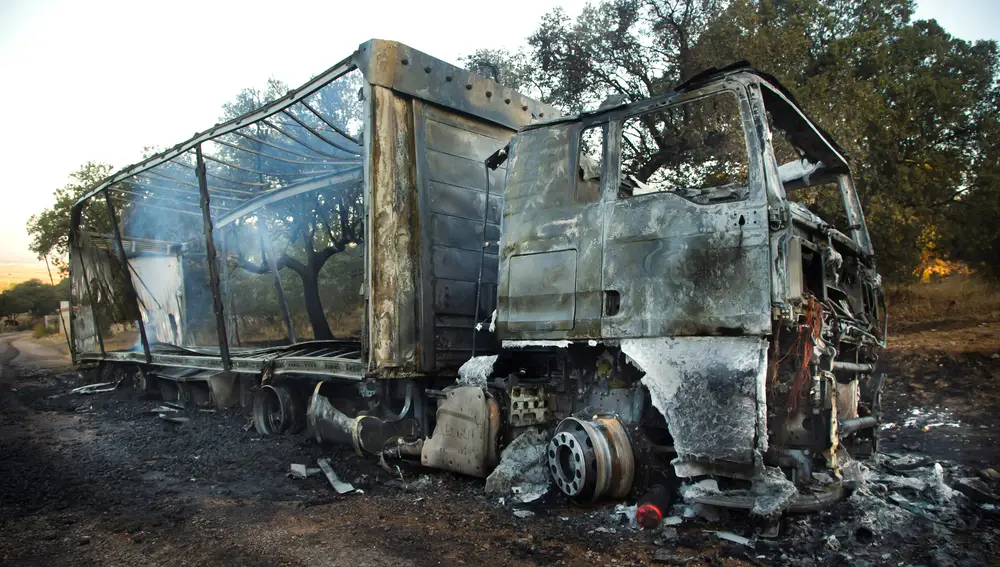 Arde un camión cargado de tapones de corcho junto a la SA-220 a la altura de Pedro Toro, en la comarca de Ciudad Rodrigo