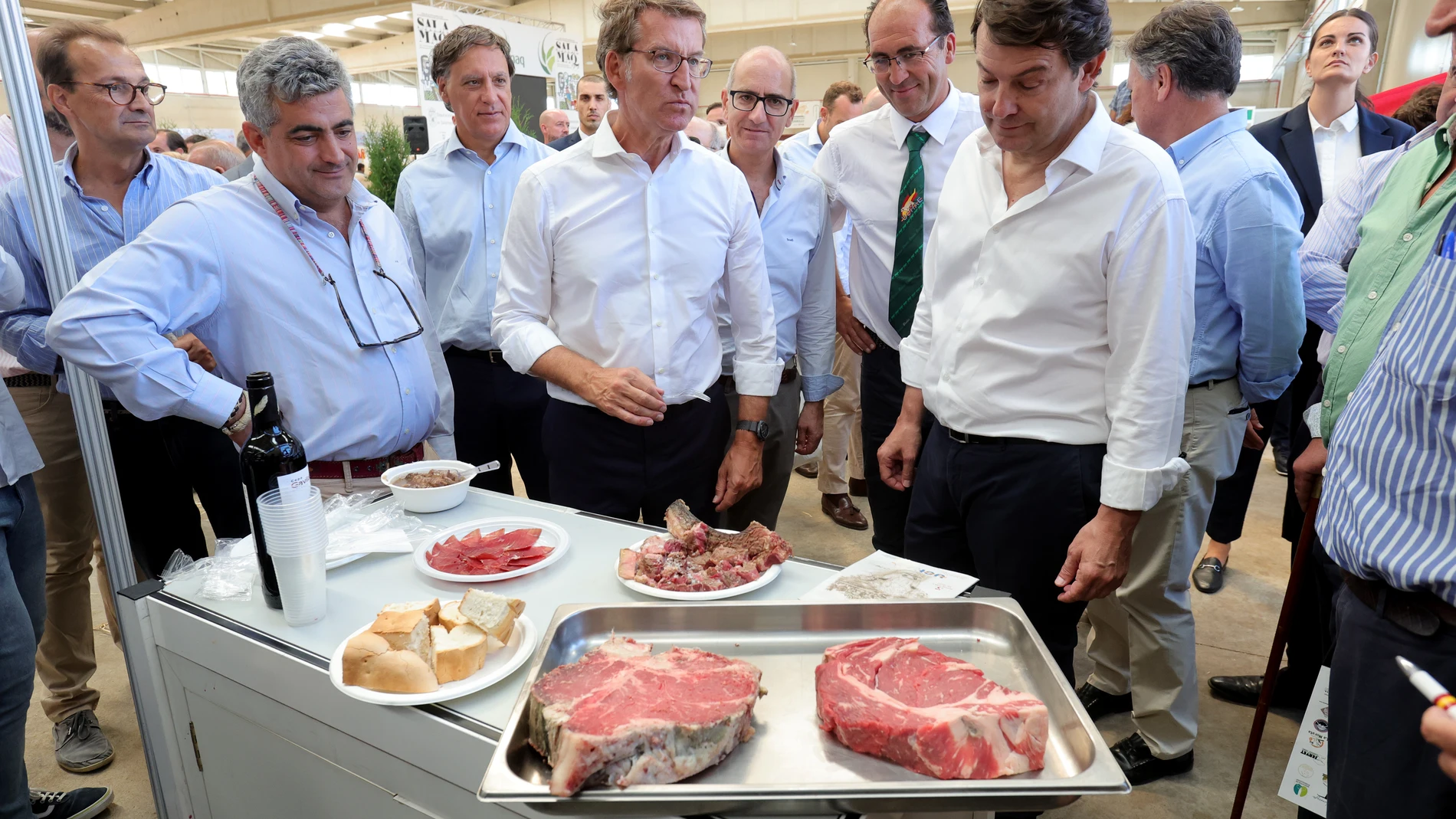 El presidente del PP, Alberto Núñez Feijóo (c) y el presidente de Castilla y León, Alfonso Fernández Mañueco (2d) visitan la Feria Agropecuaria SALAMAQ de Salamanca