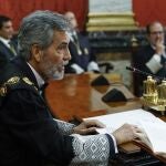 El presidente del Tribunal Supremo y del Consejo General del Poder Judicial, Carlos Lesmes, ayer durante la toma de posesión del nuevo fiscal general del Estado