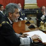 El presidente del Tribunal Supremo y del Consejo General del Poder Judicial, Carlos Lesmes, ayer durante la toma de posesión del nuevo fiscal general del Estado