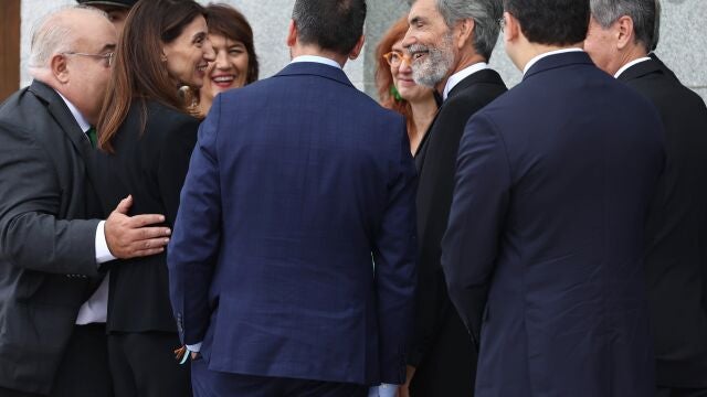 La ministra de Justicia, Pilar Llop; el presidente del Tribunal Supremo y del Consejo General del Poder Judicial (CGPJ), Carlos Lesmes y el presidente del Tribunal Constitucional, Pedro González-Trevijano, a su salida del acto de apertura del Año Judicial 2022-2023, en el Tribunal Supremo