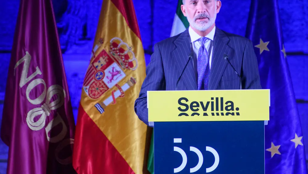 El rey Felipe VI pronuncia unas palabras durante el acto Institucional del V Centenario de la llegada a Sevilla de la expedición que dio la Primera Vuelta al Mundo, hoy jueves en la capital andaluza. EFE/ Raúl Caro.