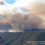 Una intensa y espesa humareda sobrevuela la Sierra de Los Guájares, en Granada