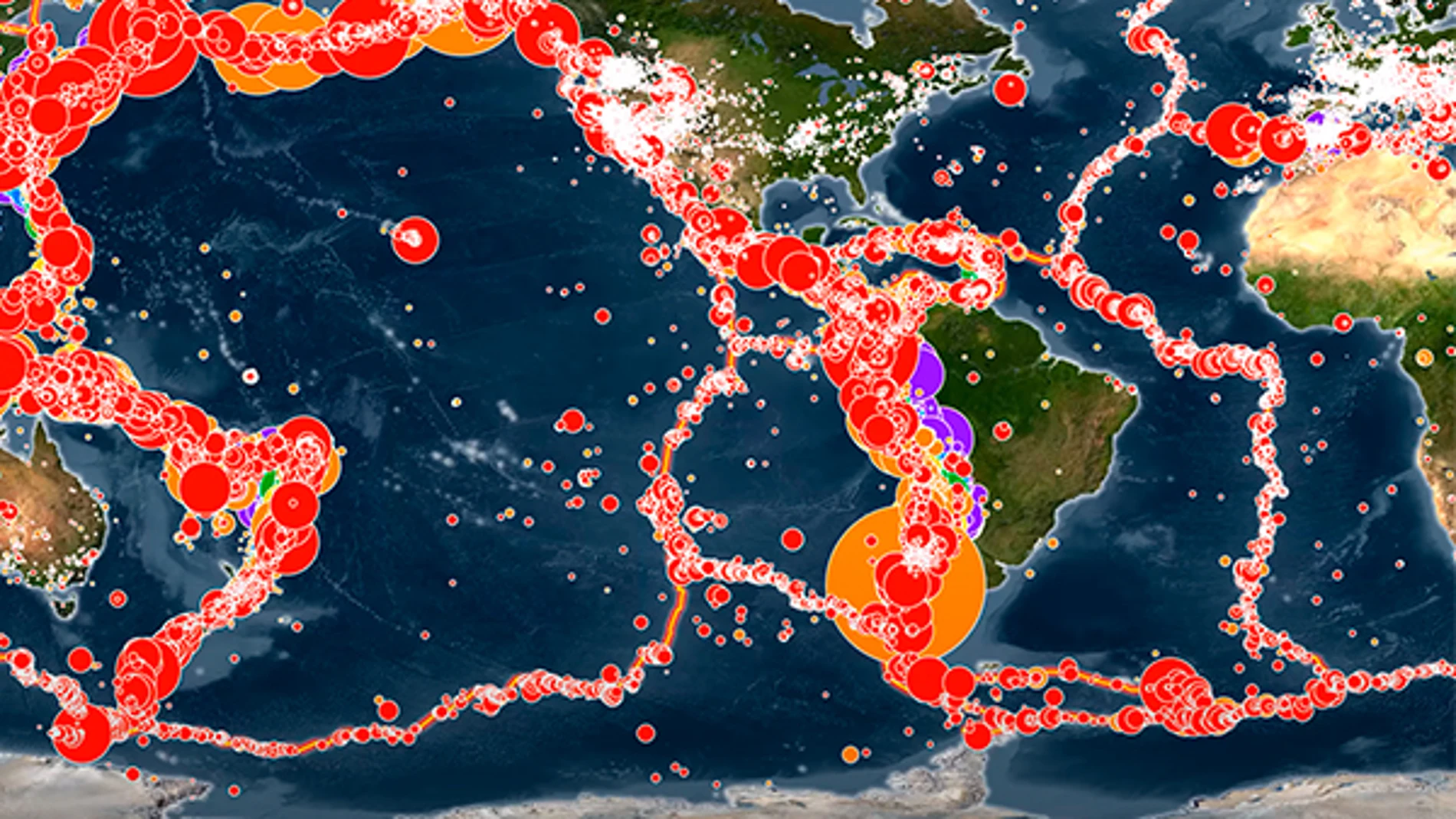 Detalle de la animación con todos los terremotos que se dieron en el siglo XX mostrados a la vez.