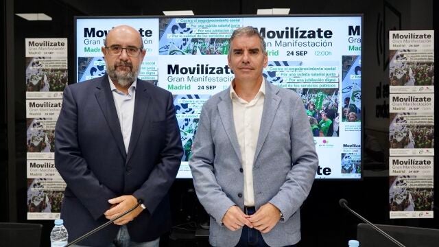 El presidente nacional de CSIF, Miguel Borra, y el autonómico, Benjamín Castro, presentan la manifestación contra el empobrecimiento progresivo de la sociedad