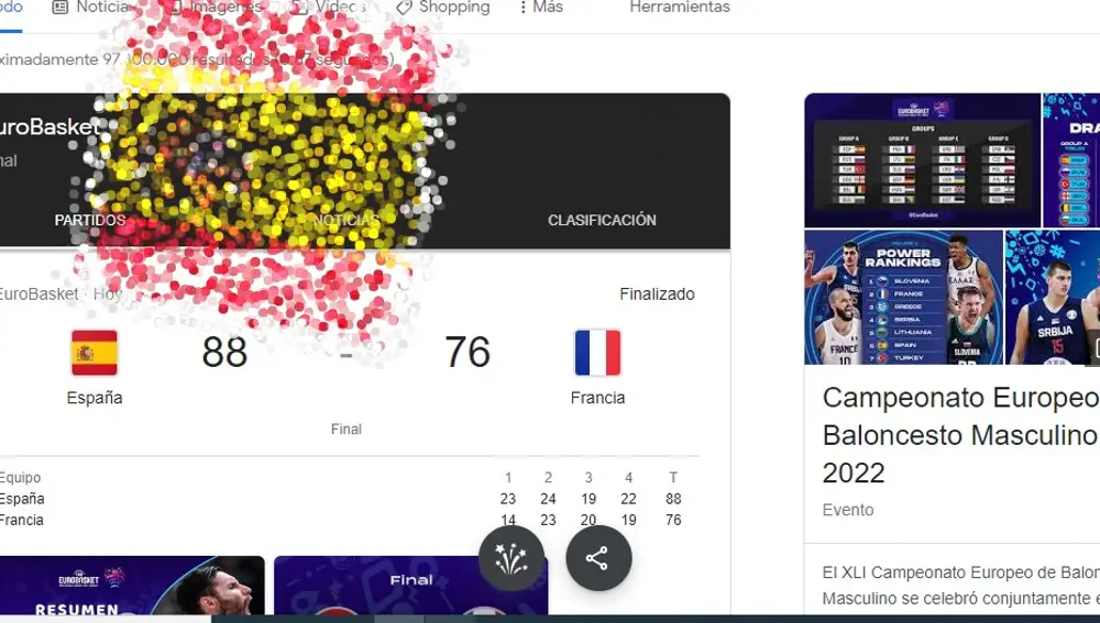 Cohetes y la bandera de España si se escribe Eurobasket en Google