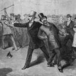 Dibujo que representa el momento en que James A. Garfield recibió los disparos