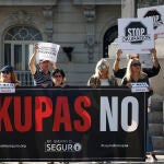 Manifestantes protestan ante el Congreso de los Diputados en Madrid en contra de la okupación y en apoyo a una ley antiokupa