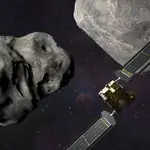 La ilustración muestra la nave DART acercándose al sistema Didymos antes del impacto con el asteroide Dimorphos, a la izquierda, previsto para el 26 de septiembre
