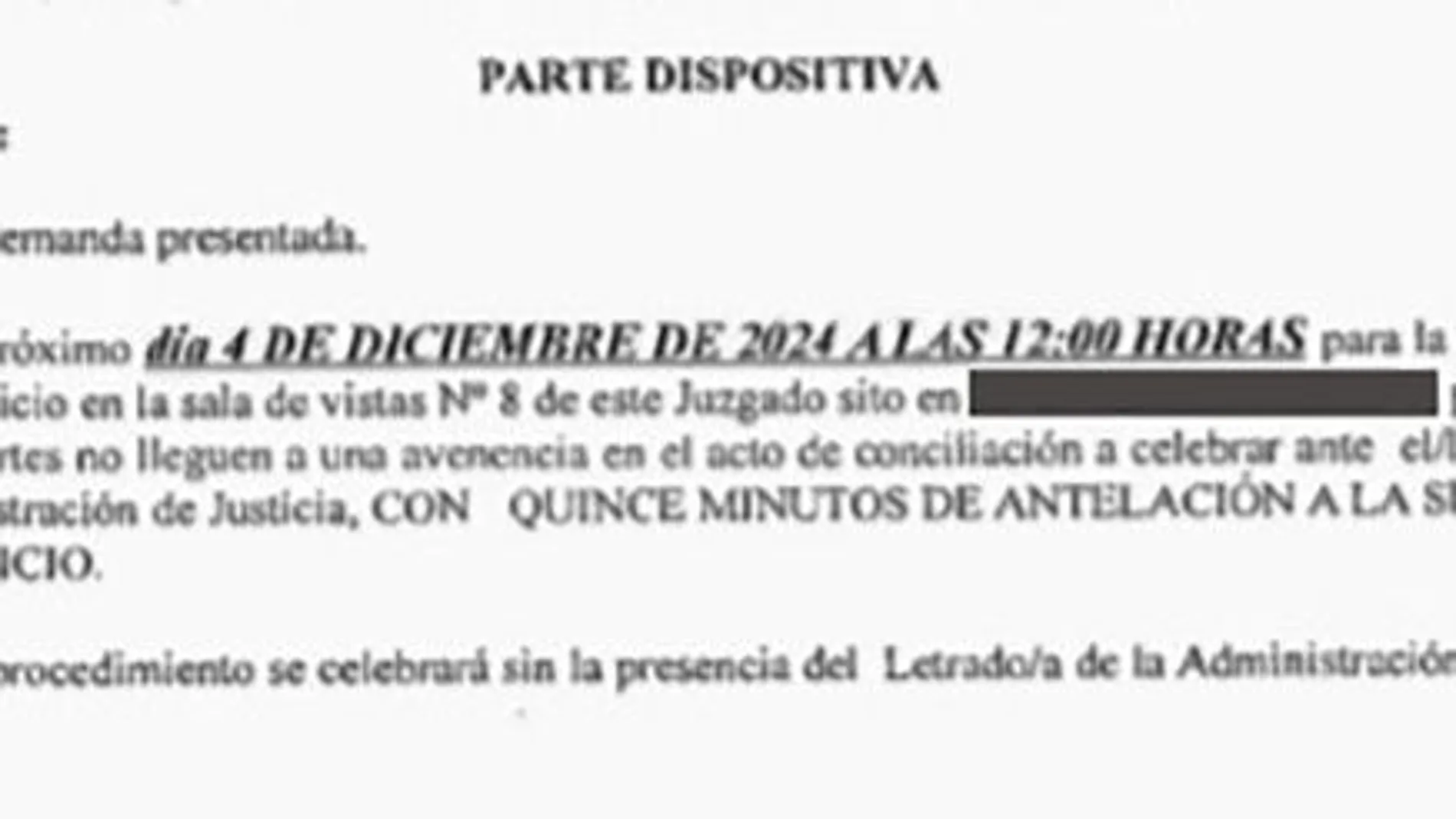Imagen del documento judicial en el que se señala el 4 de diciembre del año 2024 para la celebración de un juicio