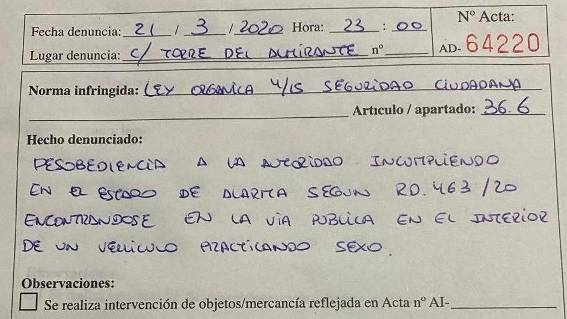 Denuncia de la Policía Local de Algeciras a una pareja por practicar sexo en el coche en Estado de alarma