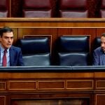 Spanish PM Sanchez paand second deputy PM Iglesias talk keeping social distancing during a session on coronavirus disease (COVID-19) at Parliament in Madrid