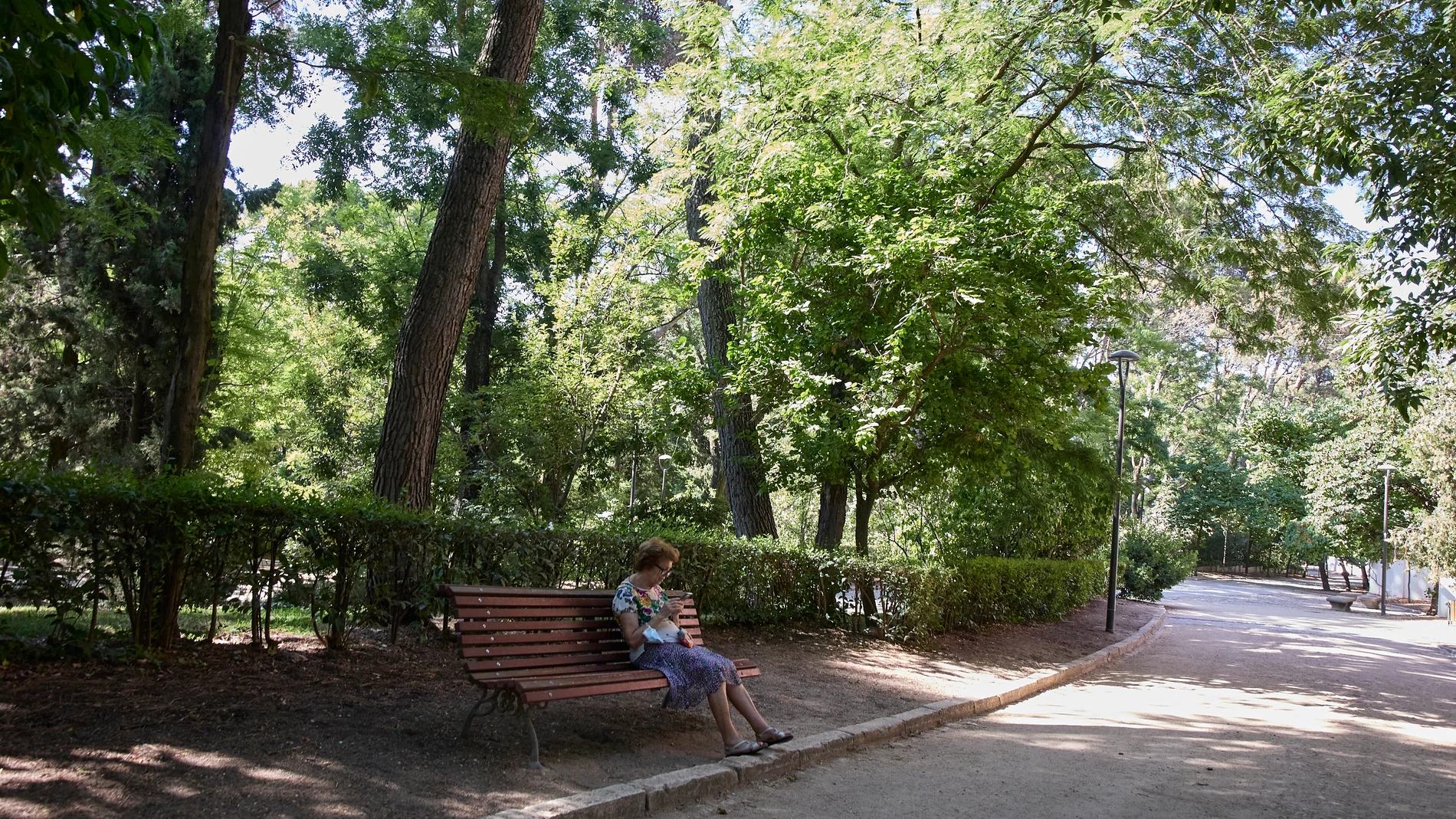 Una señora mayor sentada en un banco del parque Quinta de los Molinos, en Madrid