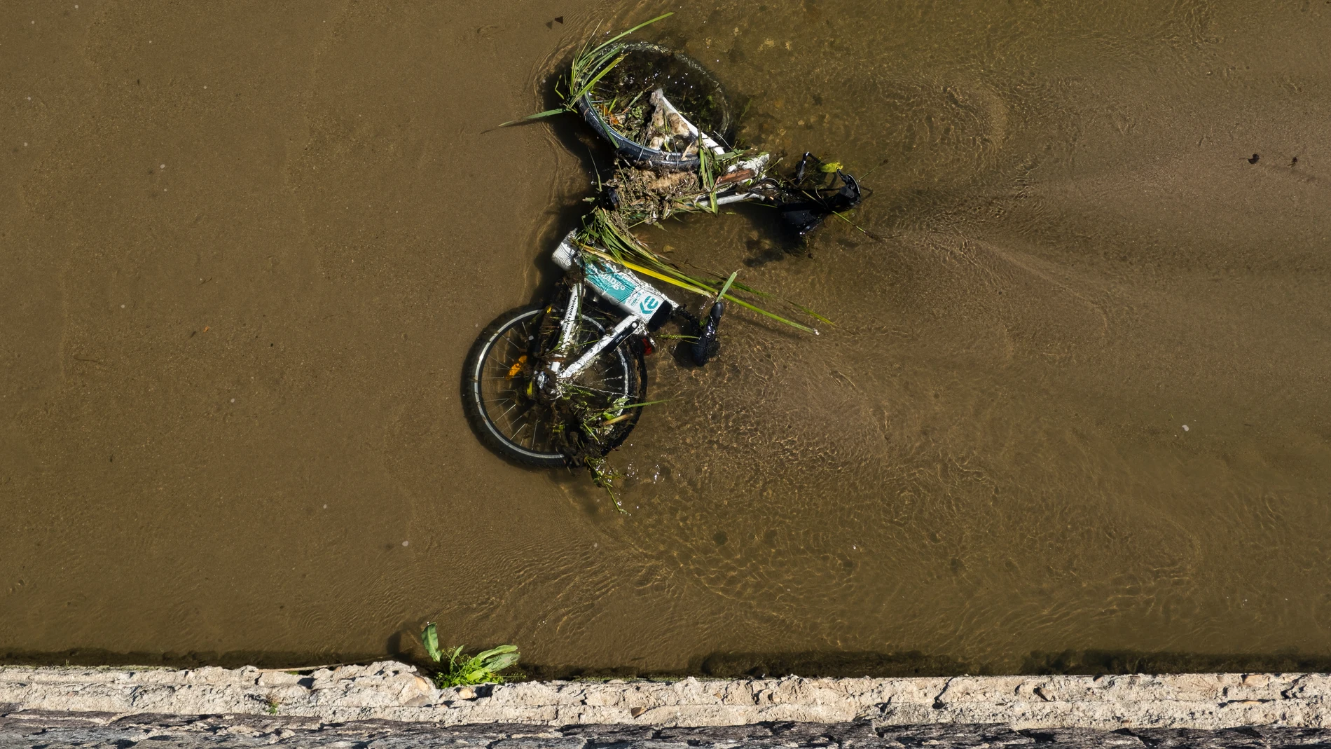 Imagen de una bicicleta del servicio Bicimad arrojada al cauce del Manzanares en su paso por Madrid Rio a la altura de Matadero Madrid