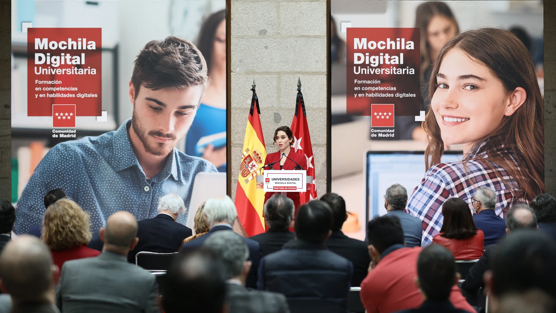 La presidenta de la Comunidad de Madrid, Isabel Díaz Ayuso, interviene en la presentación de la Mochila Digital Universitaria, en la Real Casa de Correos