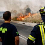 Efectivos del cuerpo de bomberos trabajaron en las labores de extinción del incendio que se declaró este miércoles en el área residencial de Las Tablas, en Madrid