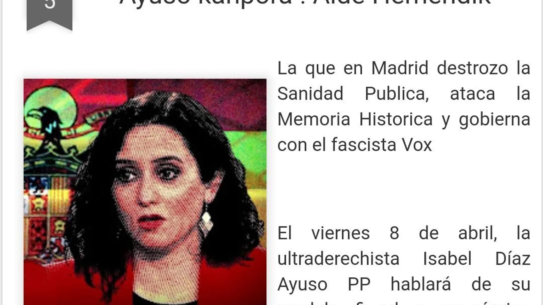 Imagen de una web de Ayuso, objetivo de los ataques del entorno de la izquierda abertzale, con una bandera preconstitucional al fondo