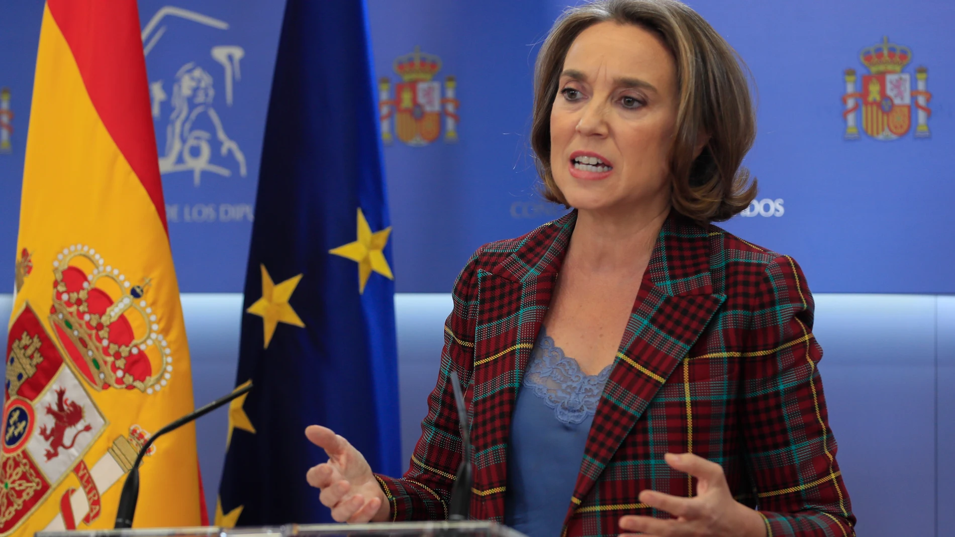 La portavoz del PP, Cuca Gamarra, ofrece una rueda de prensa antes de la Junta de Portavoces celebrada, este martes.