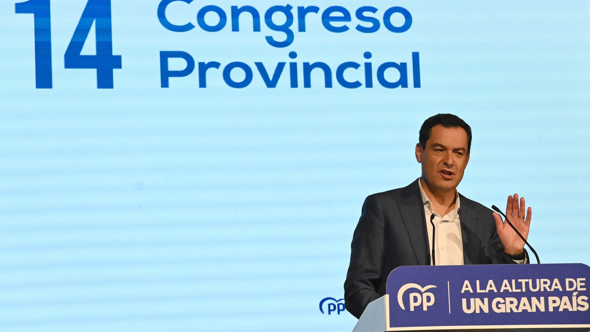 El presidente de la Junta de Andalucía, Juanma Moreno, este sábado durante la clausura del XIV Congreso del PP de Málaga .-EFE/JS