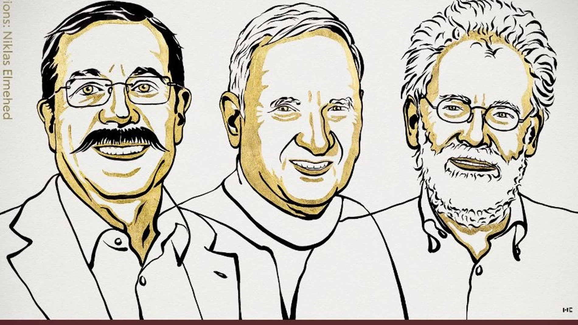 Retratos dibujados de tres hombres. Arriba se lee "The Nobel Prize in Physics 2022" y, debajo, "Alain Aspect, John F. Clauser, Anton Zeilinger"