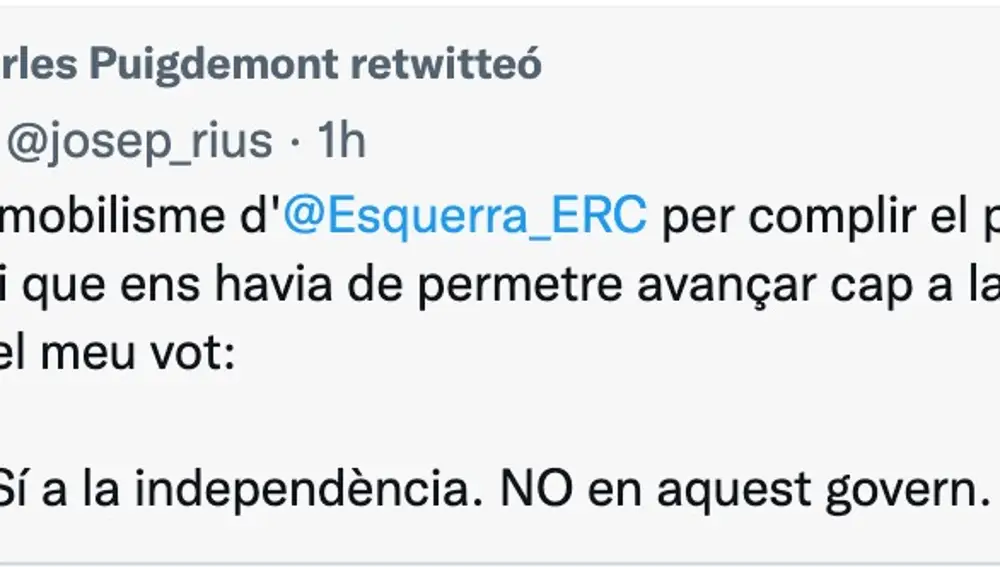 Retuit de Puigdemont a favor de salir del Govern