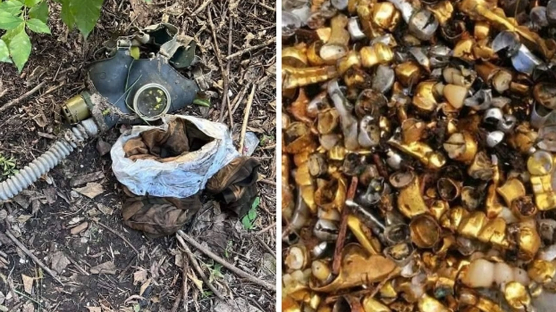 Una máscara de gas y dientes descubiertos en Pisky-Radkivski, una pequeña población en la región ucraniana de Járkiv