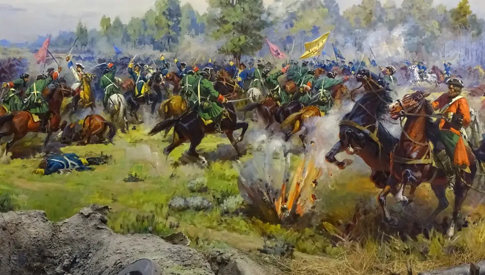 Combate entre la caballería sueca y la rusa, detalle del diorama del Museo de la Batalla de Poltava, inaugurado el 26 de junio de 1909 en la ciudad de Poltava, Ucrania