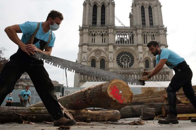 Artesanos que restauran Notre Dame
