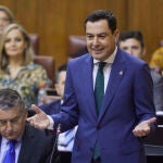 El presidente de la Junta de Andalucía, Juanma Moreno, en la sesión de control al Ejecutivo en el Parlamento andaluz