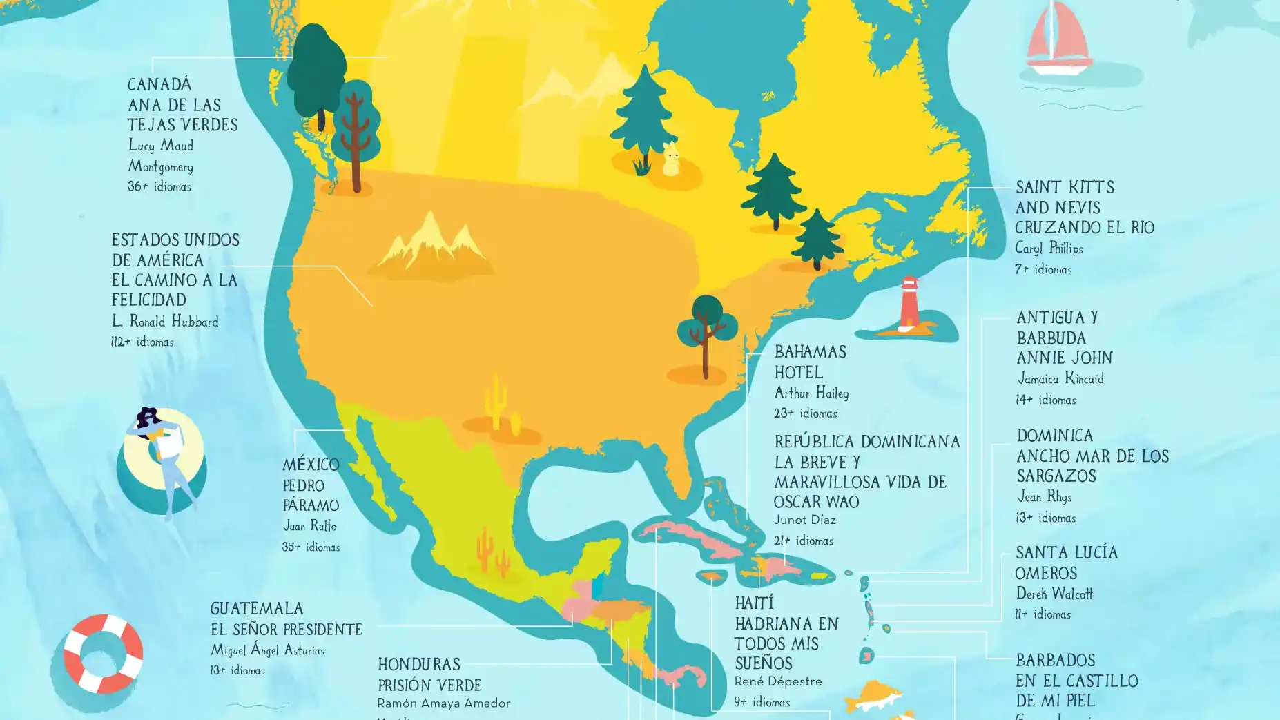 Mapa de Norteamérica y sus obras más traducidas