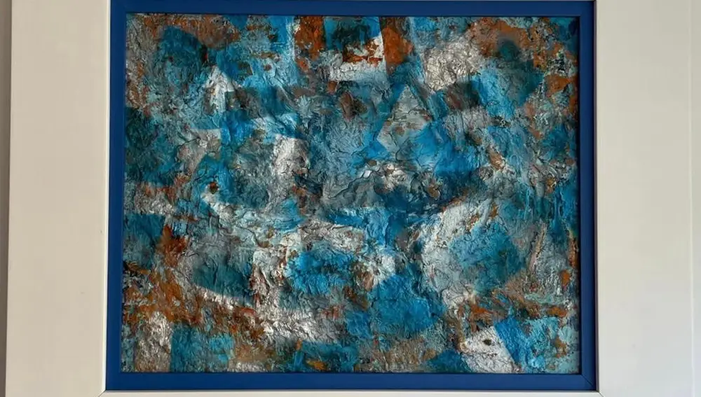 Cuadro de Santiago Pedraz “El mar en ti” Tierra, roca, meteorito, cicatriz, óxido. 36 x 28 (con marco 50 x 43) Oleo, acrílico, pintura efecto, tiza, spray…