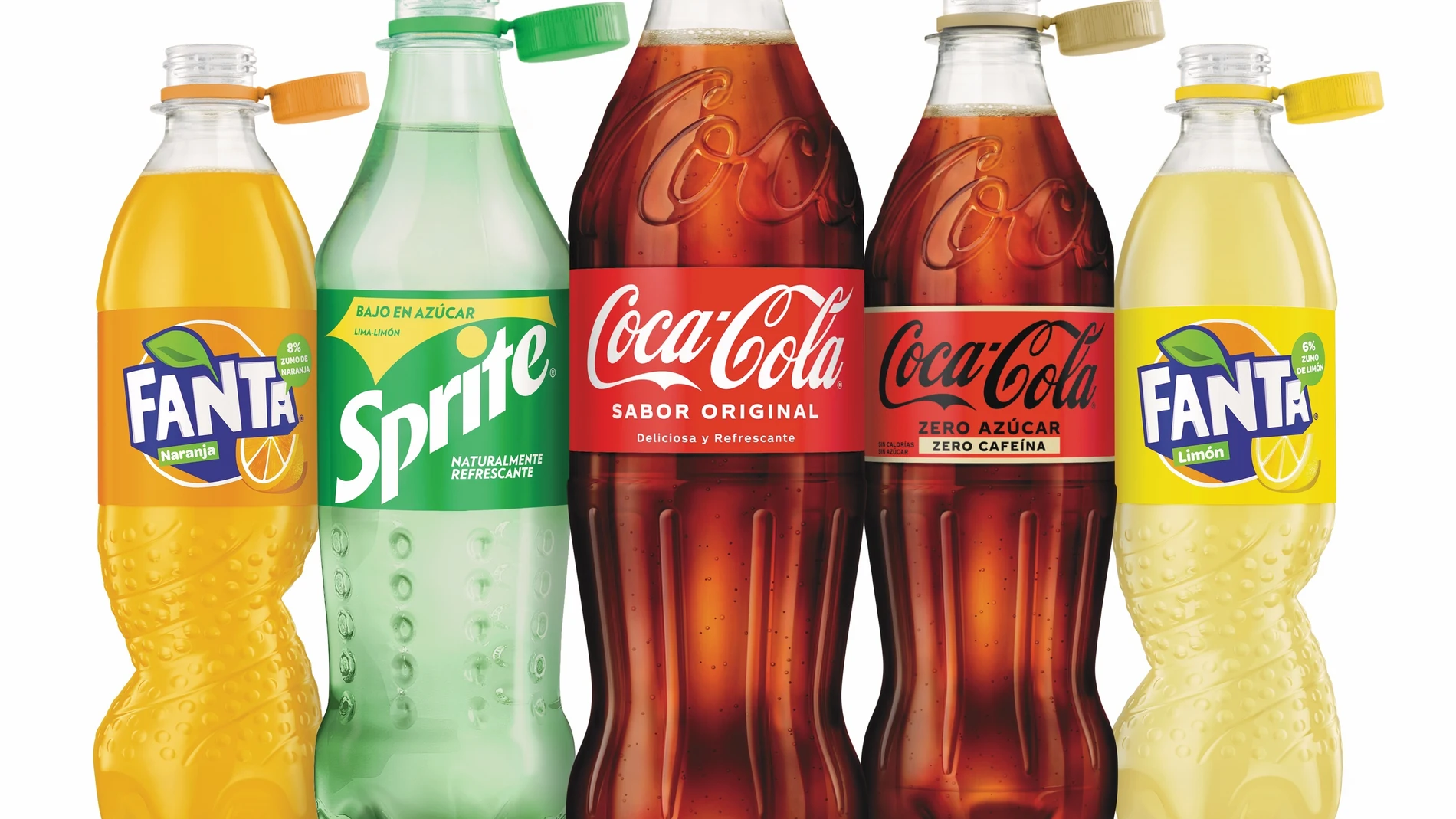 Botellas de productos de Coca-Cola con el tapón adherido