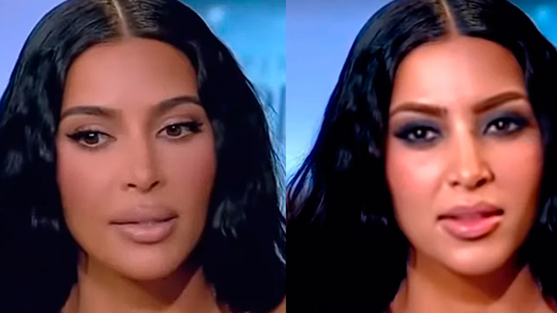 Imagen de Kim Kardashian, antes y después de ser procesada con inteligencia artificial para "desoperarla".