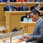 Sánchez interviene en el Senado ante la atenta mirada de Feijóo