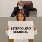 La diputada de Podemos en el parlamento murciano María Marín vestida con un traje de protección personal ha mostrado un cartel al finalizar su intervención este miércoles durante el pleno de la Asamblea Regional de Murcia. EFE/Marcial Guillén