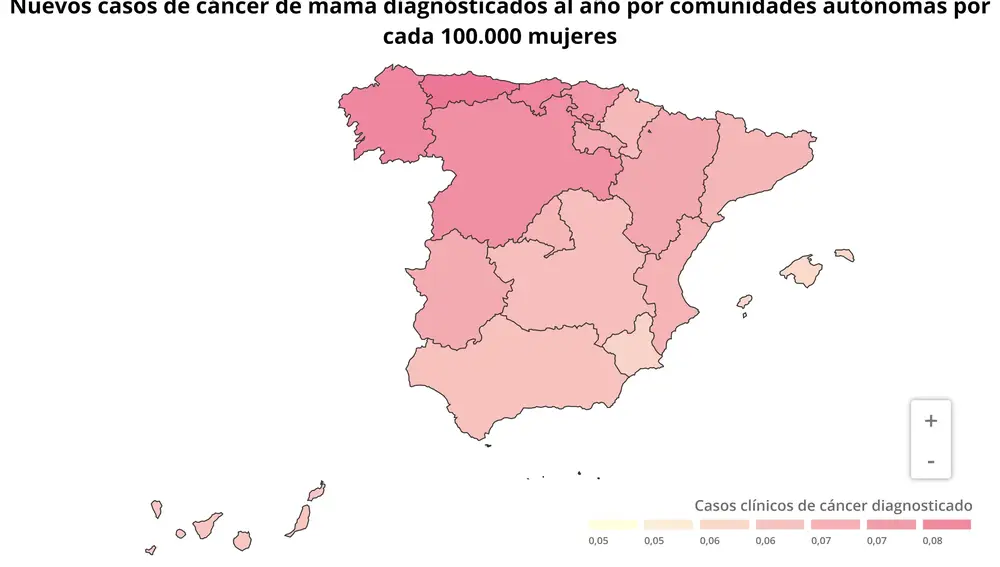 Nuevos casos de cáncer de mama diagnósticados al año por comunidades autónomas por cada 100.000 mujeres | Fuente: EPDATA