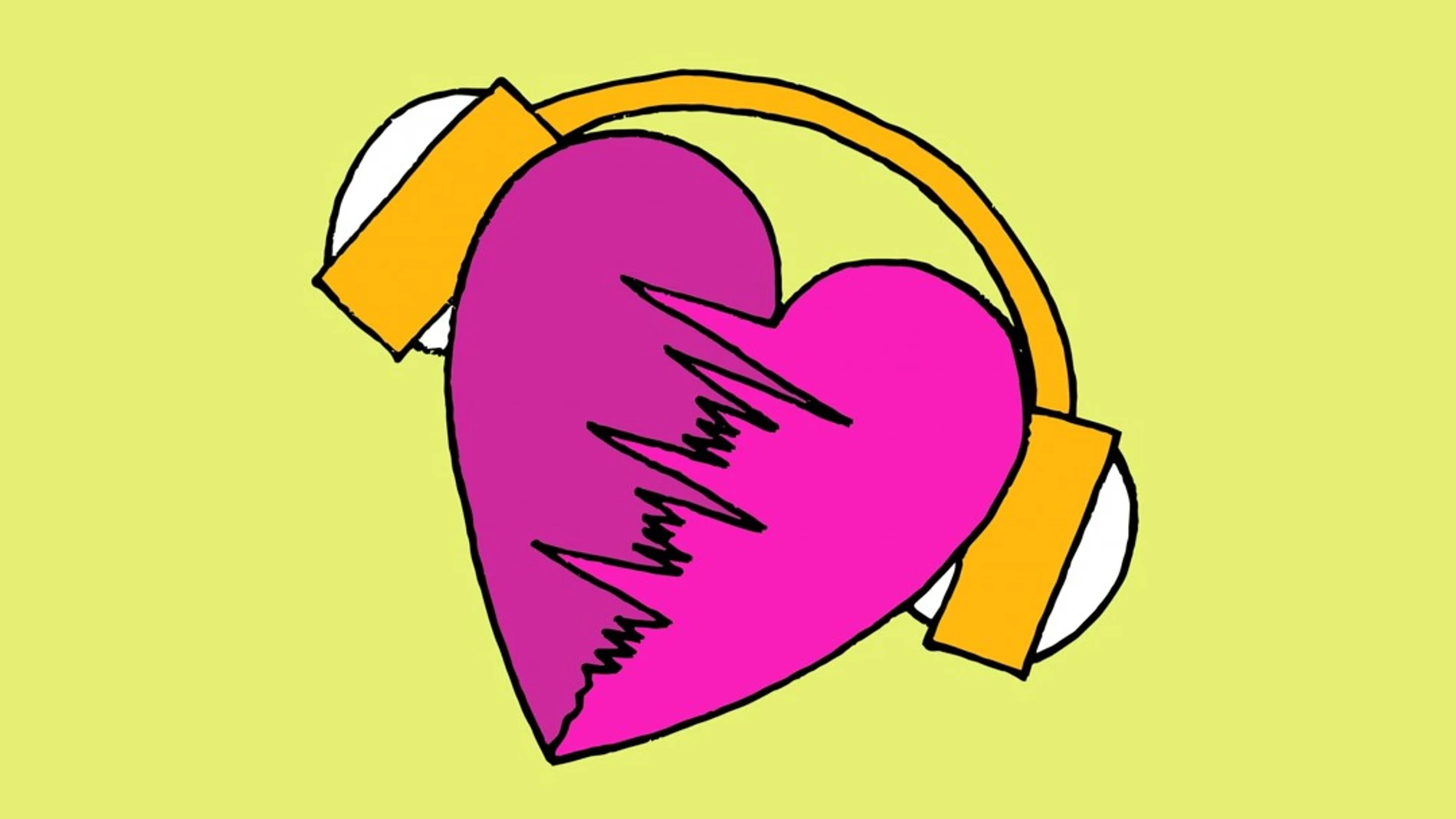 Un corazón con una onda de sonido dibujada en medio y auriculares alrededor