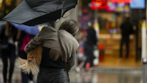Una mujer con un perro intenta controlar y protegerse con un paraguas