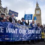Los activistas pro-UE marchan mientras exigen al Gobierno del Reino Unido que dé marcha atrás al Brexit y se reincorpore a la Unión Europea en Londres, Gran Bretaña