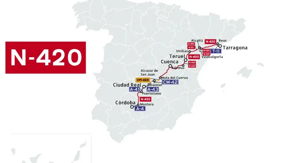 La N-420 entre Córdoba y Tarragona
