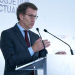 El presidente del Partido Popular (PP), Alberto Núñez Feijóo, durante su intervención en el ‘Ciclo de encuentros con grandes protagonistas del momento’ organizado por 'El Correo' y Petronor, en el Hotel Ciudad de Vitoria.
