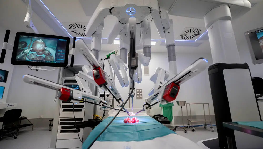 El robot Da Vinci manipula uvas de muestra en una de las salas del nuevo Centro Quirúrgico del Hospital público Gregorio Marañón