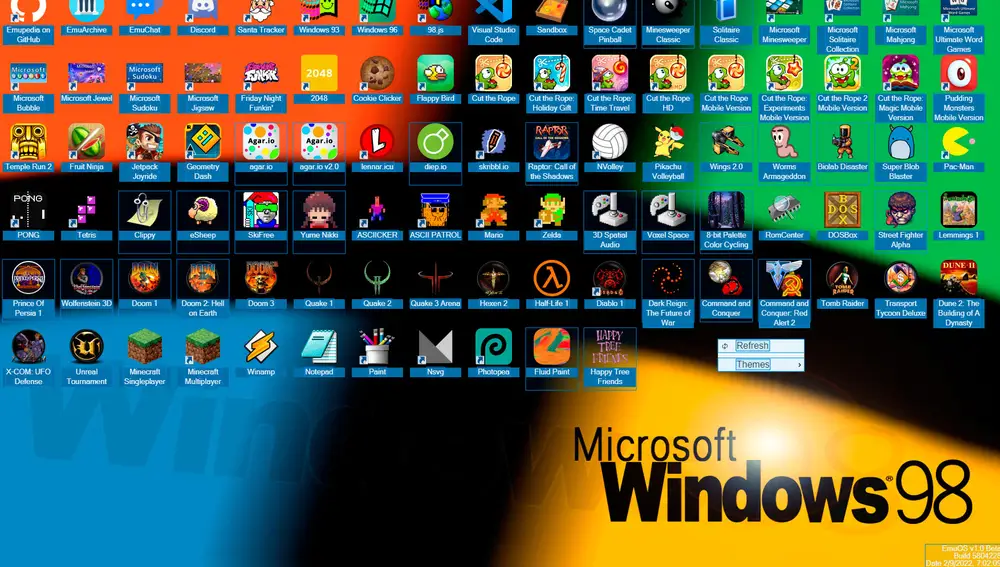 Emuos simula el escritorio de Windows 98 con accesos directos a decenas de videojuegos.