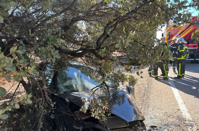 Impacto de un coche contra un árbol en un accidente de carretera en Campo Real
