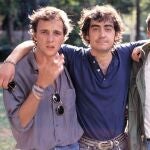 Desde la izquierda, David Summers, Javi Molina, Rafa Muñoz y Dani Mezquita, de Hombres G, durante el rodaje de la película «Sufre mamón» (1987)