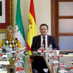 El fiscal general del Estado, Álvaro García Ortiz (d), y la fiscal superior de Andalucía, Ana Tárrago (i), presiden la Junta ordinaria de Fiscales Jefes Provinciales y de Área de Andalucía, Ceuta y Melilla